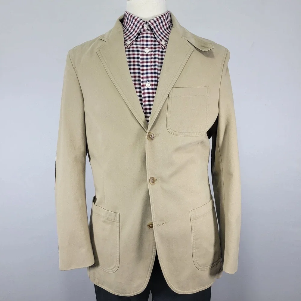 Lands End Mens Sport Coat Blazer Three Button Beige Cotton Surgeon Cuff Size 38R